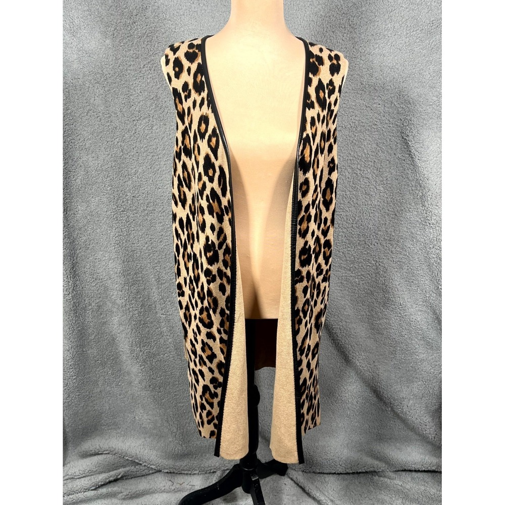 Chico's Long Cardigan Vest Women 2 Black Brown Leopard Print Open Front Party
